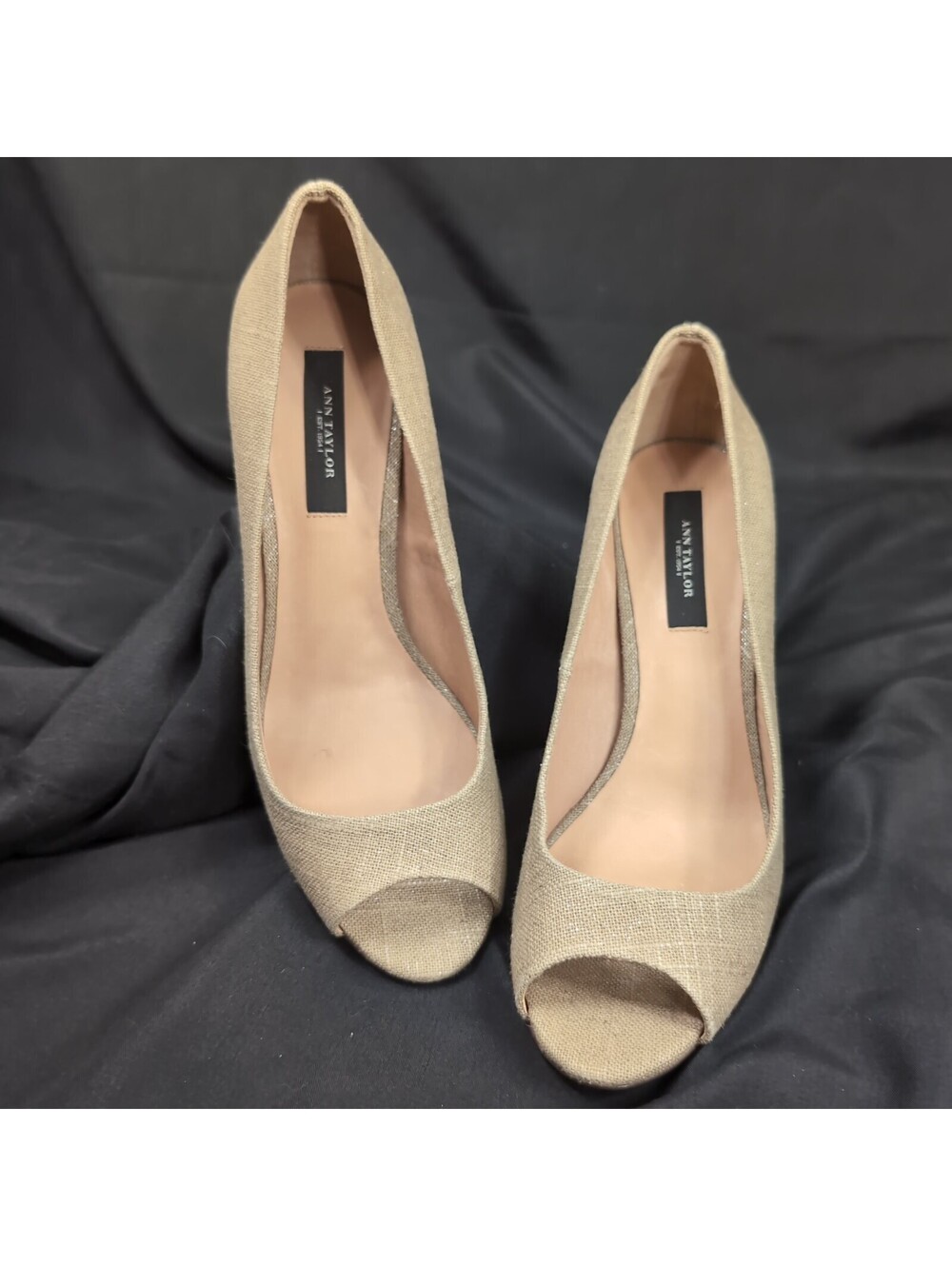 Ann Taylor Beige Peep-Toe Pumps with a textured upper and a wood-stack heel